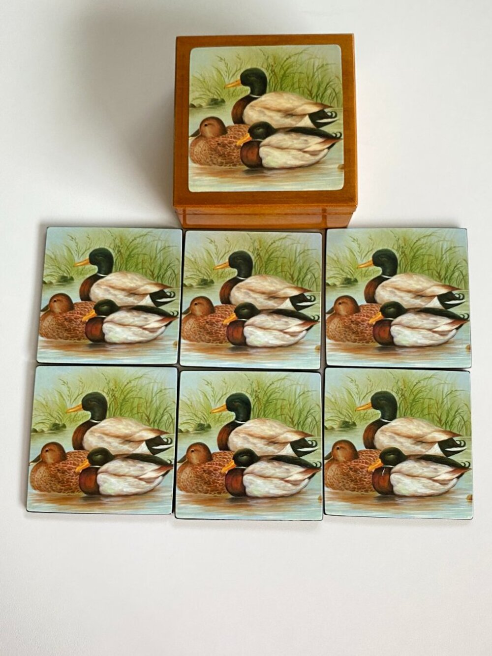 Vintage Wooden Boxed Set of 6 Mallard Duck Drink Coasters Cork Back